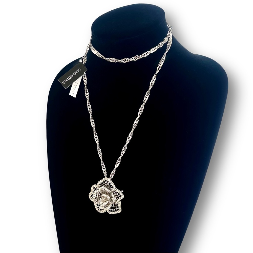 WHBM Pave Crystal Silver Rose Pendant/Broach Convertible Necklace NWT - Picture 6 of 14